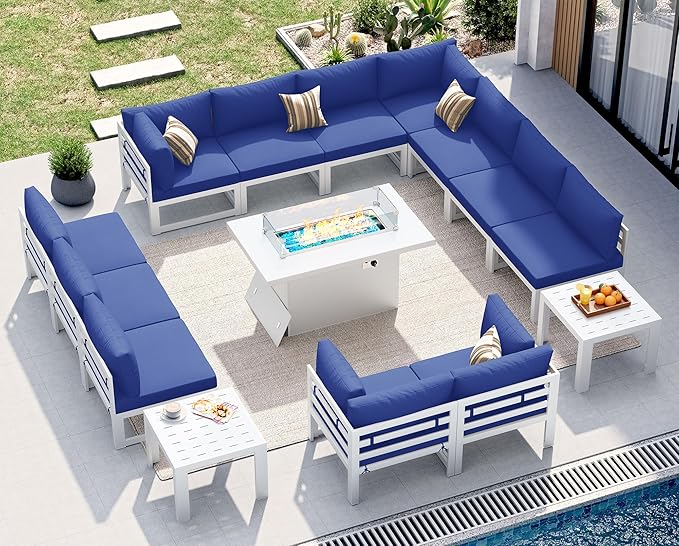 NICESOUL 15 Piece XL Aluminum Patio Sectional Furniture Set with Fire Pit & Side Table, 500 lbs Heavy Duty Outdoor Sofa, 29" Extra Deep Seating, High End Conversation Couch for Poolside, Navy Blue