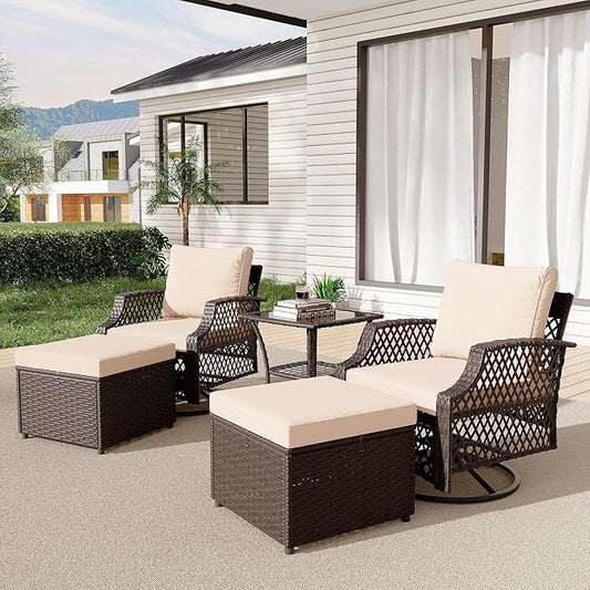 HOMREST 5 Piece Outdoor Swivel Chair Set with Ottomans, Wicker Patio Bistro Set with Thickened 25D Cushions and Glass Coffee Table, Patio Furniture Conversation Set for Yard, Garden, Poolside(Khaki)