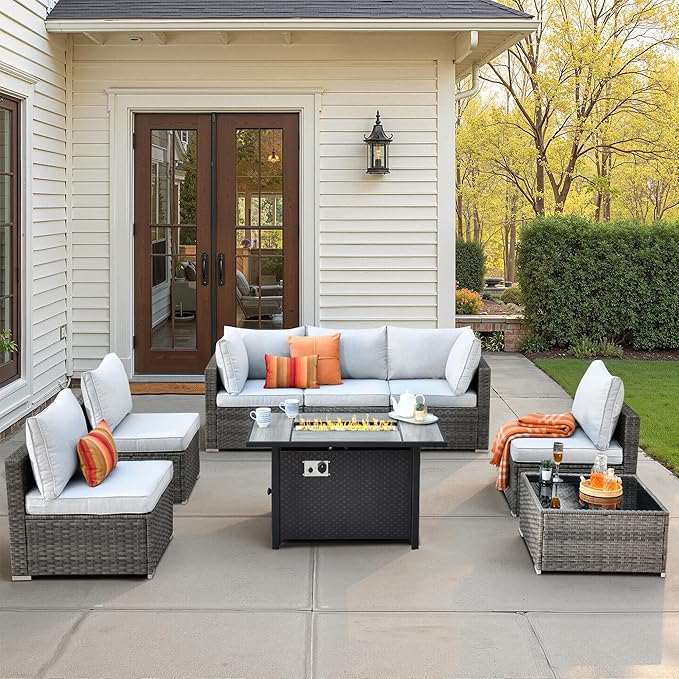 8 PCS Outdoor Patio Furniture Sets with 42'' Fire Pit Table,Wicker Weather Resistant Patio Conversation Set with Comfy Cushions,Modular L Shaped Sofa with Coffee Table for Yard,Light Grey