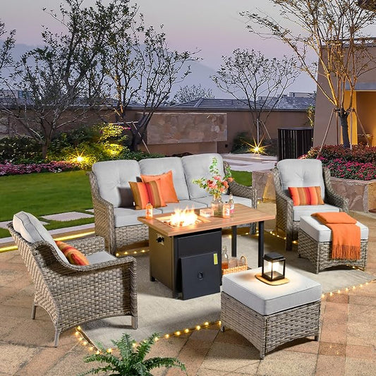HOOOWOOO 6 Piece Patio Furniture Sets with Fire Pit Table,Outdoor Wicker Furniture Set,All Weather Resistant Outside High Back Rattan Conversation Set for Out Door(Light Grey Gray)
