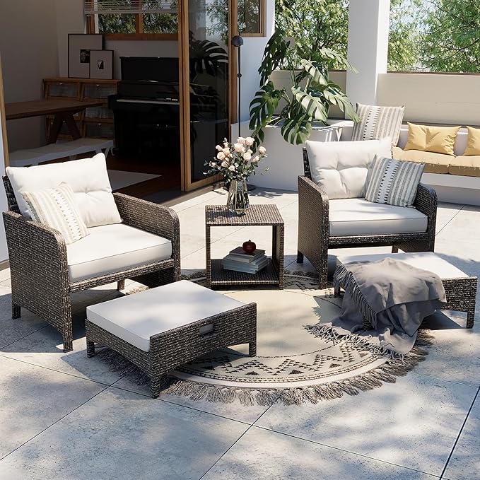 5 Piece Patio Furniture Set, All-Weather Patio Furniture with Soft Cushions, PE Wicker Patio Sofa Set with Coffee Table and Ottoman, for Outdoor, Porch, and Balcony (Light Grey-Grey)