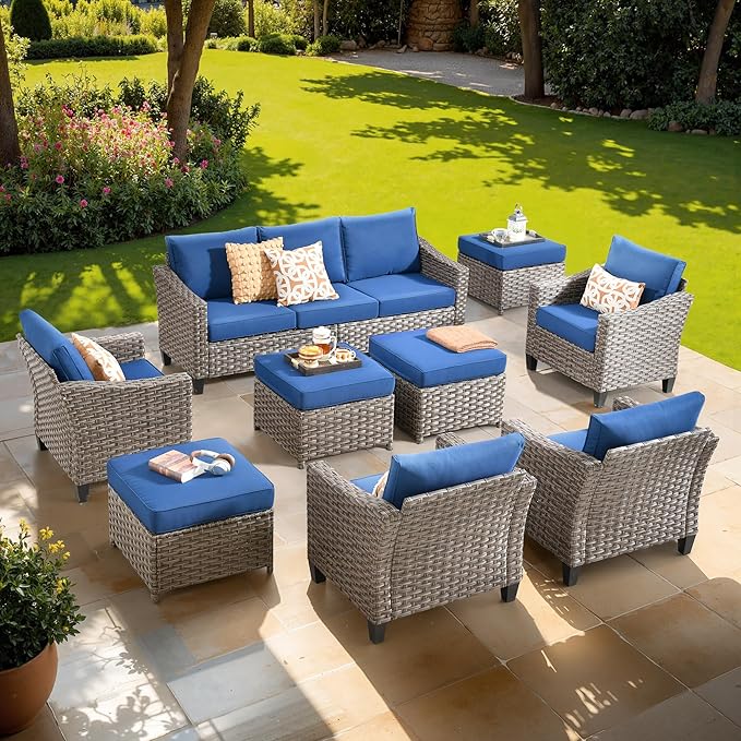 9 PCS Outdoor Patio Furniture Set, All-Weather Rattan Wicker Conversation Group with Deep Seating, High Back Comfort for Porch, Backyard, Blue