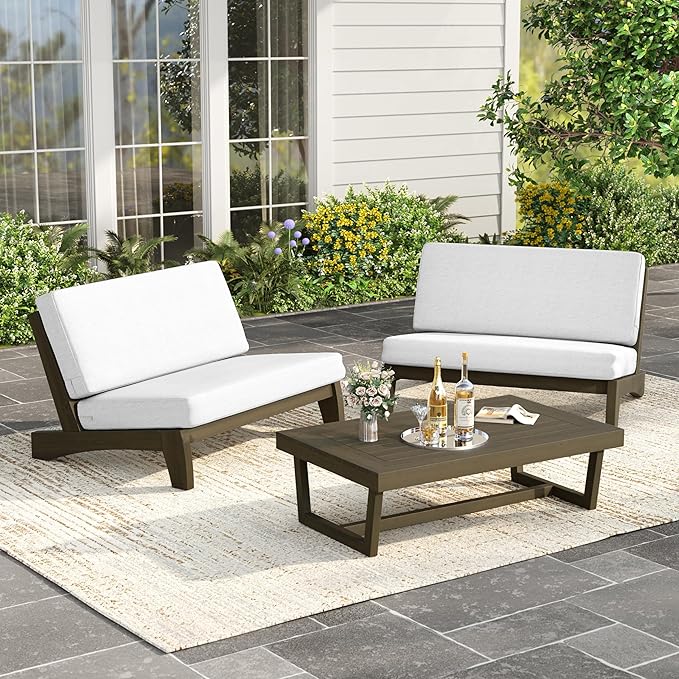 UIXE Wood Patio Furniture Sets, 3 Pieces All Weather Patio Loveseat Sofa Outdoor Sectional Futniture Backyard Conversation Set with Solid Wooden Coffee Table - Beige