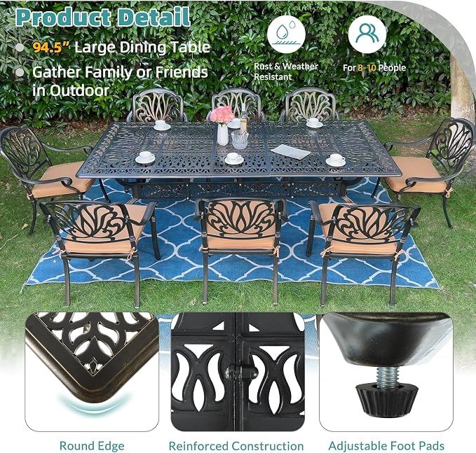 MEETWARM Outdoor 94.5" Rectangle Patio Dining Table, All Weather Cast Aluminum Large Patio Furniture Table Fits for 8-10 Person with 2" Umbrella Hole for Garden Backyard Lawn, Dark Bronze