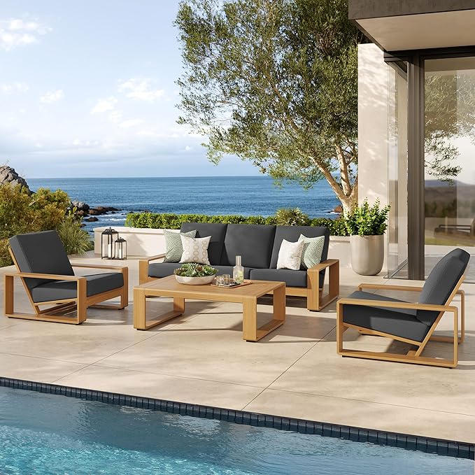 Modway Lirienne Aluminum Faux Wood 4-Piece Outdoor Furniture Set in Charcoal Natural – Patio Conversation Set with 3-Seater Sofa, 2 Armchairs & Coffee Table