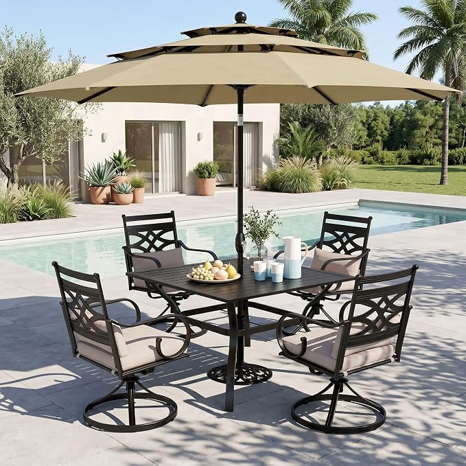 MFSTUDIO 6-Piece Patio Dining Set, 37" Square Metal Table, Swivel Chairs | Umbrella Included, Umbrella Base Not Included, Beige