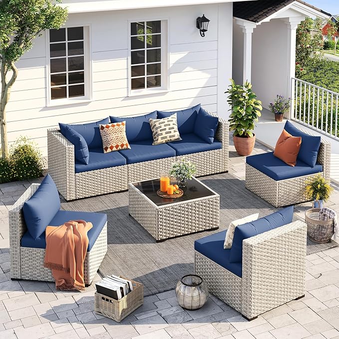UDPATIO Outdoor Patio Furniture Set, 7-Piece Modular Sectional Sofa with Tea Table, PE Wicker Outdoor Conversation Set for Patio, Garden, Backyard Blue