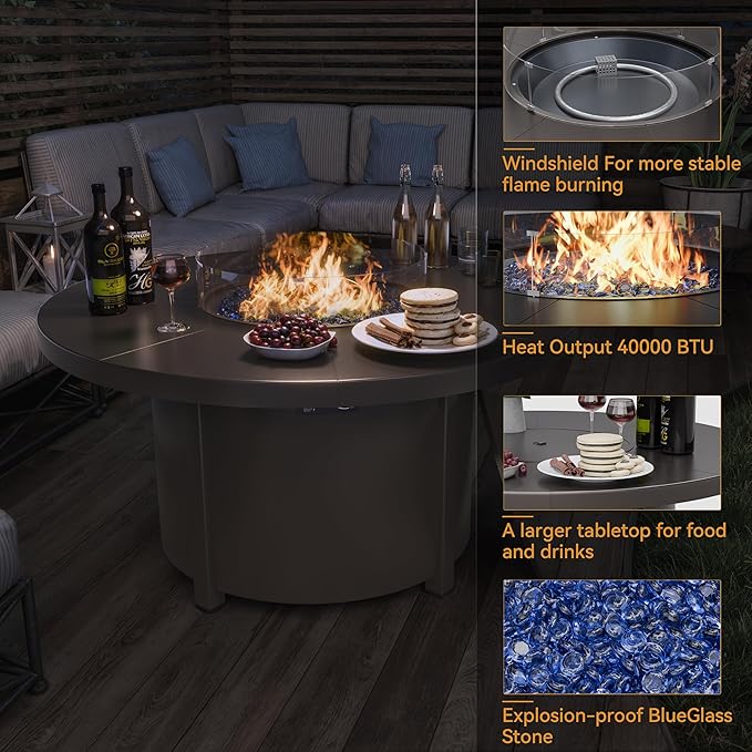 ALAULM Aluminum Patio Furniture Set with Round Propane Fire Pit Table 7-seat Metal Outdoor Furniture w/5.1" Cushions Patio Sectional Sofas for Porch, Lawn, Poolside（Sand
