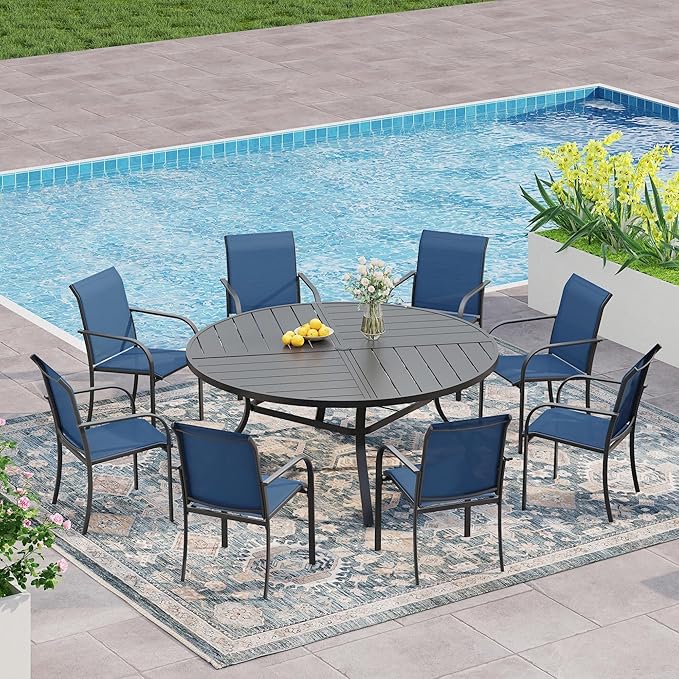 VICLLAX 9 Pieces Patio Outdoor Dining Set, 53" Round Metal Table with Umbrella Hole and 8 Stackable Textilene Chairs for Patio, Lawn, Garden, Porch, Black/Dark Blue