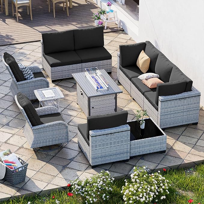 11-Piece Patio Furniture Set, Outdoor Patio Furniture with 55,000 BTU Fire Pit Table, Swivel Chairs Set, Thick Cushions, Modular Patio Sofa, Dual-Strand Wicker Rattan, Rust-Resistant Frame, Black