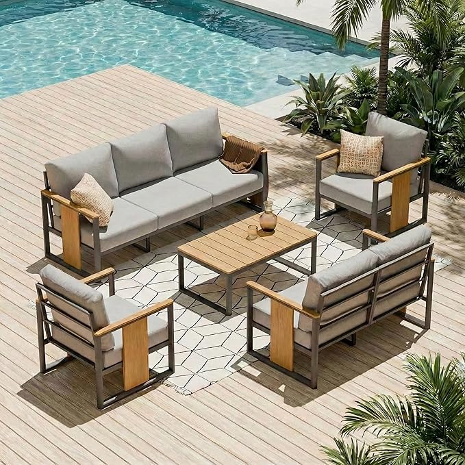 ZANDOR Outdoor Aluminum Patio Furniture Set 5 Piece Patio sectional Conversation Sets with Coffee Table and Chairs Lawn Outdoor Sofa with Washable Thick Cushions for Porch, Balcony, Deck, Backyard