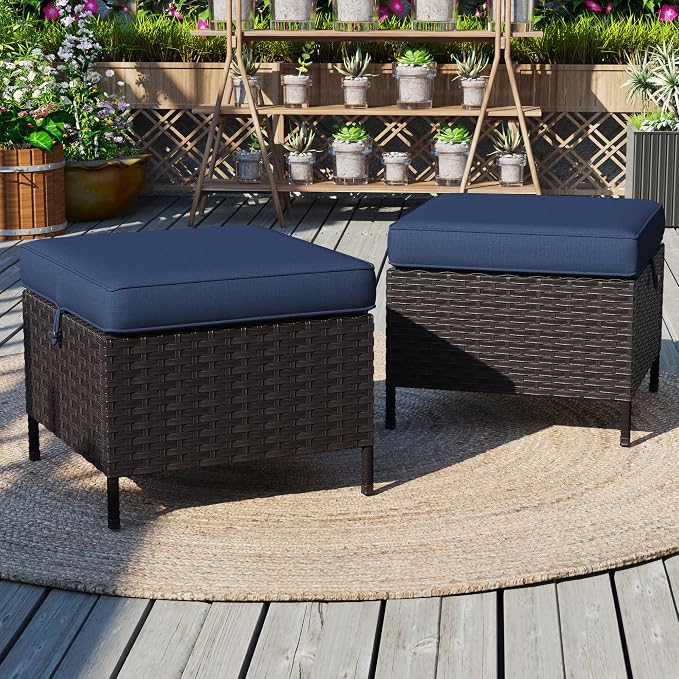 Outdoor Patio Ottoman Set of 2, All Weather Rattan Wicker Ottoman Seat, Outdoor Footstool Footrest Seat for Patio, Backyard, Poolside, Garden