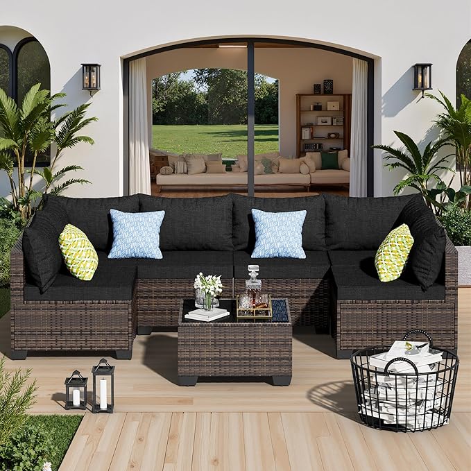 7 Pieces Patio Furniture Set - Outdoor Sectional Wicker Rattan Furniture with Cushion and Glass Table Patio Conversation Sets for Porch Poolside Backyard Outdoor Sofa Set Modular Sofa