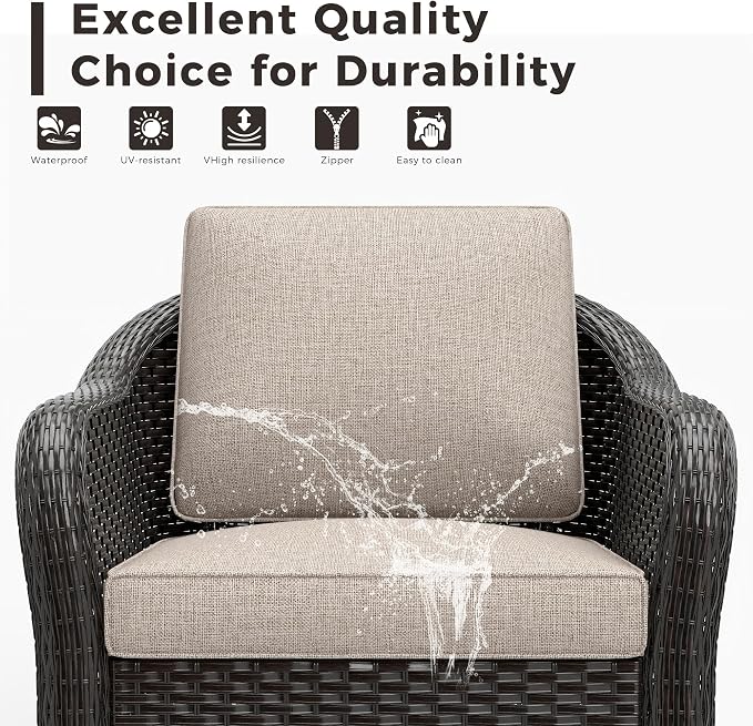 3-Piece Patio Conversation Set, 78 inch Wicker 2-Seater Sofa with Washable Cushions, 360° Swivel Glider Rocker Chairs, All Weather Rattan Outdoor Furniture for Backyard Garden Lawn, Beige