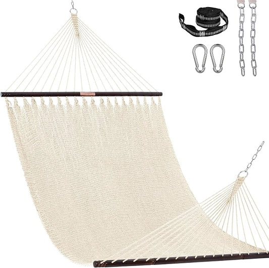 Lazy Daze Hammocks 13 FT Extra Large 2+ Person Caribbean Rope Hammock, Hand Woven Polyester XL Hammock with Spreader Bars, for Outside Outdoor Backyard Patio Poolside, 500 LBS Capacity, Gream
