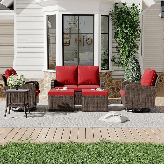 HOMREST 6 Piece Patio Conversation Sets with Loveseat, Rattan Wicker Swivel Chairs with 2 Ottoman, Coffee Table & Cushions, Outdoor Furniture Sets for Garden, Poolside, Backyard (Wine Red)