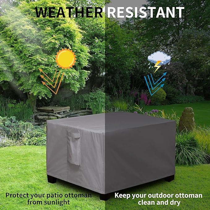 Easy-Going Rectangle Patio Ottoman Cover, Waterproof Outdoor Ottoman Cover, Fade Resistant Patio Side Table Cover, Durable Outdoor Furniture Covers with Sealed Seam (34"x24"x17", Grey)