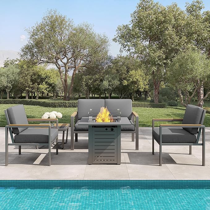 4-Piece Outdoor Patio Furniture Set, Metal Conversation Sofa Set with Deep Cushions & Wood-Like Armrests, Modern Patio Seating with Coffee Table for Garden, Porch, Balcony, Backyard (Black)
