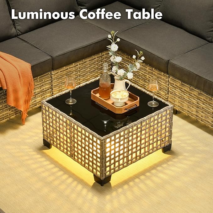 WEAXTY 6 Pieces Patio Furniture Set, Outdoor Sectional Sofa Couch with Solar Coffee Table, All-Weather Outside Furniture Patio Conversation Sets for Backyard Porch Balcony (Black)
