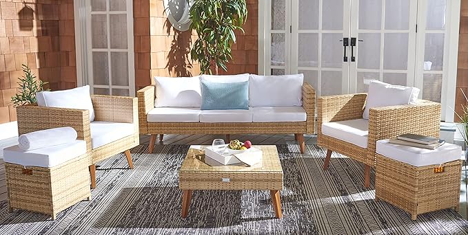 SAFAVIEH Outdoor Collection Presla Natural/White 6-Piece Patio Living Set PAT7715D-3BX