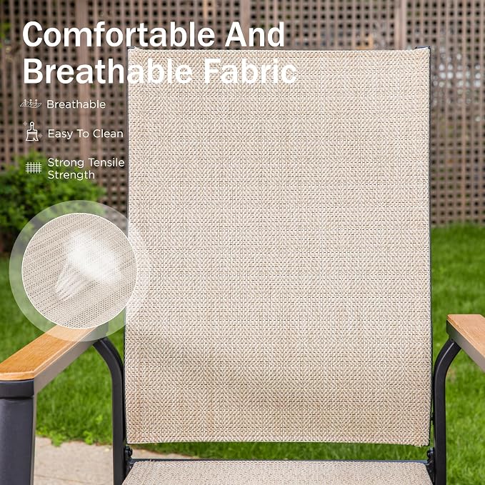PHI VILLA Round Outdoor Dining Set for 4 with Aluminum Chairs, Beige | Stackbale chairs, Breathable & quick-drying sling, Light-weight & space-saving, Metal Table, Umbrella Hole, Patio deck