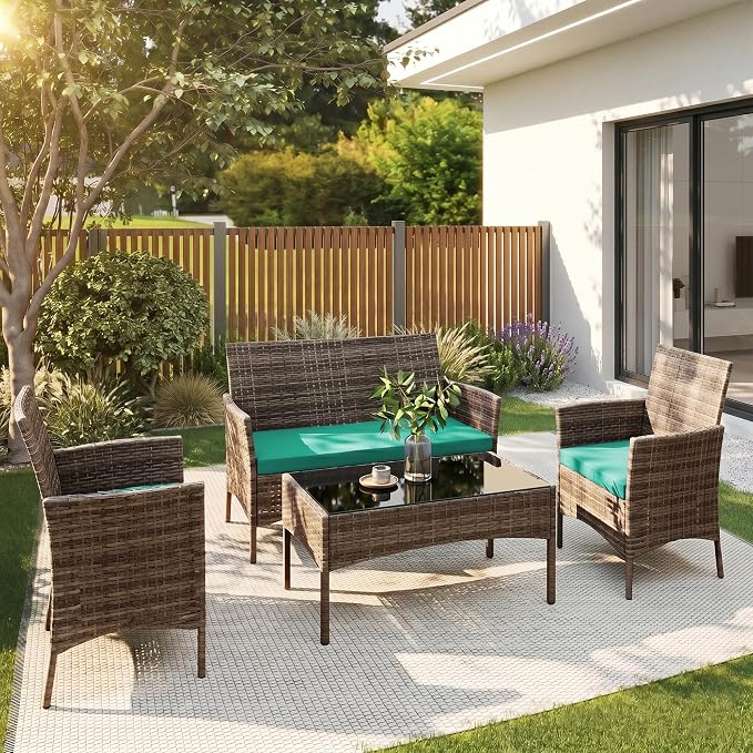 4 Pieces Outdoor Patio Furniture Set, Wicker Patio Conversation Set with Tea Table, All-Weather Outside Rattan Sectional Sofa for Backyard, Poolside, Garden, Balcony, Brown/Green