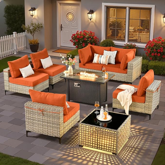 8 Pieces Patio Sectional Furniture Set, Outdoor Wicker Sectional Couch with Firepit Solar Lights Table, Modern Conversation Set for Porch Balcony Backyard, Orange