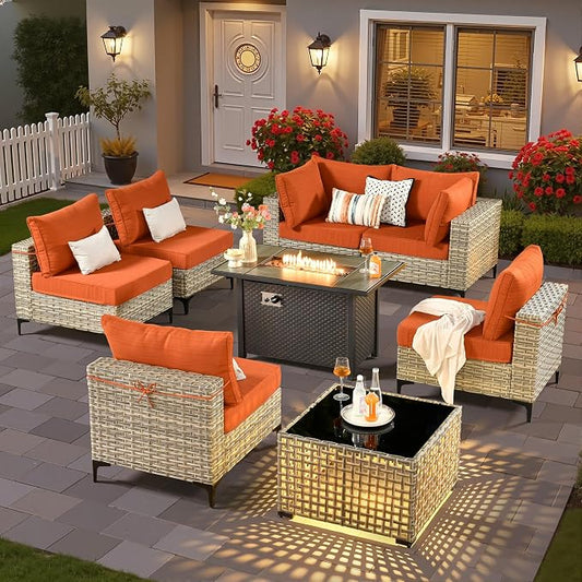 8 Pieces Patio Sectional Furniture Set, Outdoor Wicker Sectional Couch with Firepit Solar Lights Table, Modern Conversation Set for Porch Balcony Backyard, Orange