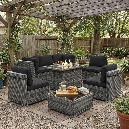 LayinSun 8 Piece Patio Furniture Set with Fire Pit Table, Outdoor Conversation Sets Wicker Rattan Sectional Sofa with Coffee Table