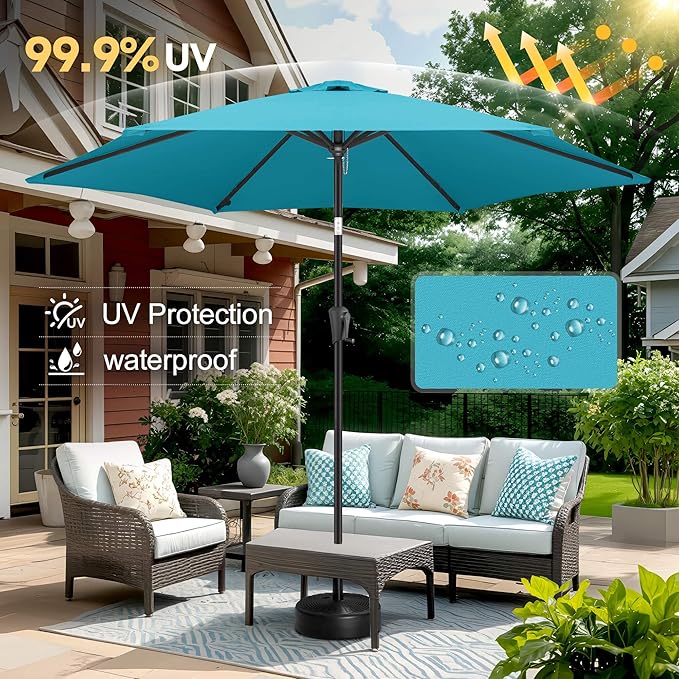 FLAME&SHADE 10ft Patio Umbrella - Outdoor Umbrella with 6 Sturdy Ribs, Push Button Tilt and Crank, UV Protection Table Market Umbrella for Pool, Porch, Garden, Deck, Backyard (Aqua Blue)