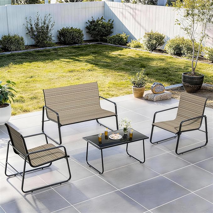 4-Piece Outdoor Patio Furniture Set, All-Weather & Easy Assembly Outdoor Conversation Set with Tempered Glass (2 Single Seats, 1 Loveseat, 1 Coffee Table) for Garden, Patio, Yard, Poolside