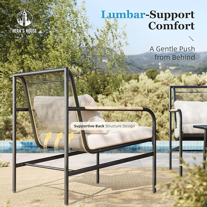HERA'S HOUSE Patio Furniture Set, 4 Pieces Outdoor Furniture Set with 6.7'' Thick Cushions, All-Weather Patio Conversation Set with Coffee Table for Backyard, Poolside, Deck-Beige