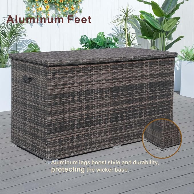 160 Gallon Wicker Deck Box Waterproof Outdoor Storage with Aluminum Frame, Brown Patio Furniture Storage for Cushions, Pillows & Garden Accessories, 66.93