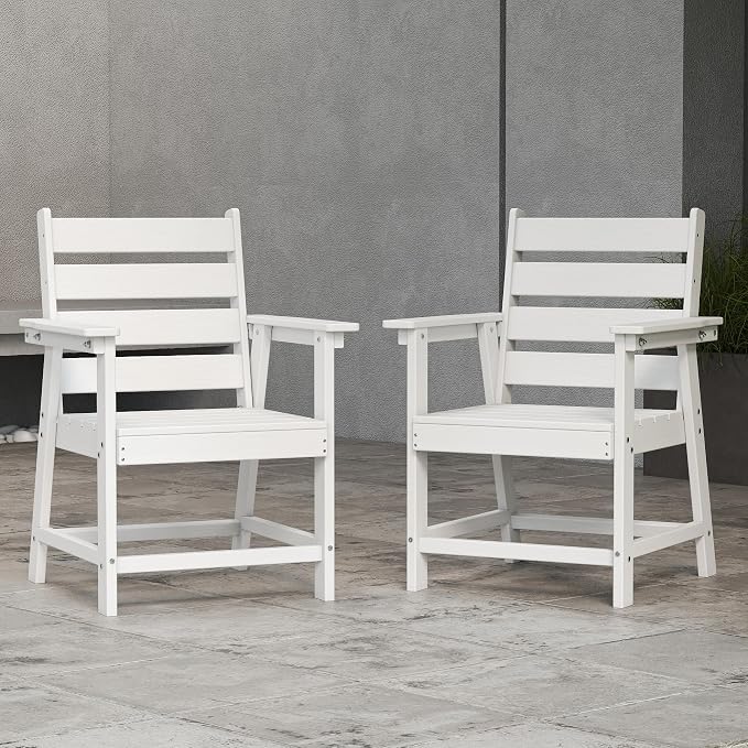 HDPE Dining Chair Set of 2, All-Weather Patio Dining Chair with Armrests, Wood Grain Texture, Heavy Duty Outdoor Furniture for Backyard, Garden.White