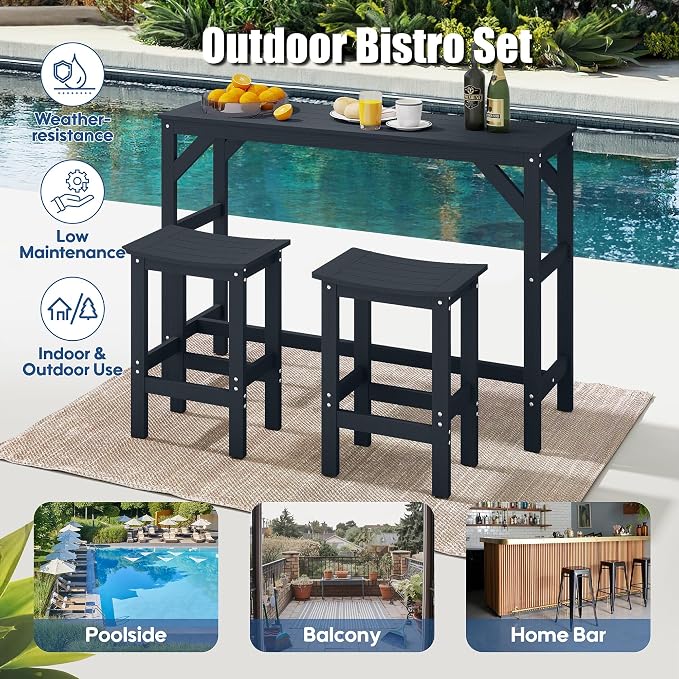 HIPS Outdoor Patio Bar Set, All Weather HIPS Bar Table and Chairs Set for Outside, 55" Rectangular High Top Bar Table with 2 Bar Stools for Poolside, Patio, Balcony, Deck (Black, 3 Pcs Set)