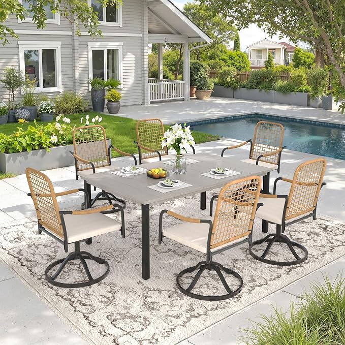 DIFY 7 Pieces Outdoor Dining Set, Metal Patio Table and Chairs Set for 6, 63" Rectangle Dining Table with Umbrella Hole & Wicker Swivel Patio Chairs with Cushions, Grey Wood-Like Tabletop