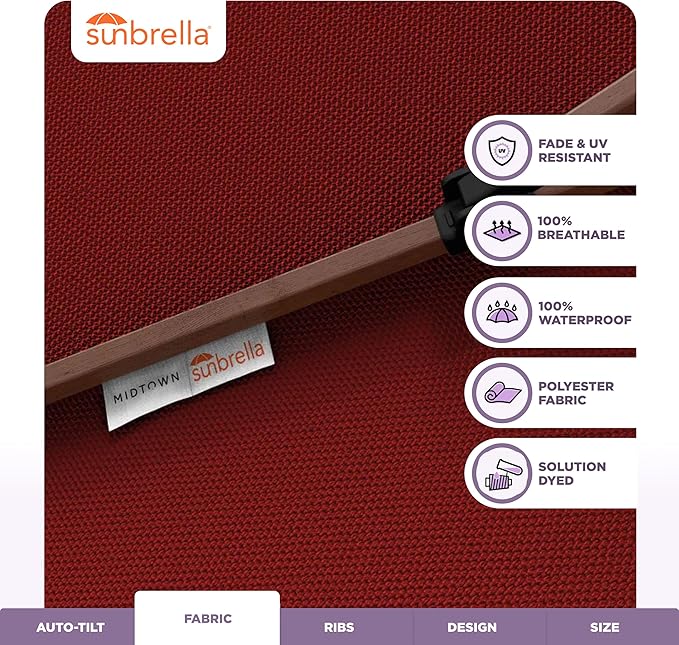 Midtown Umbrellas Wooden 2-8 Ft Patio Umbrella with 360° Swivel & Tilt Mechanism, 8 Fiberglass Ribs & Sunbrella Fabric - Outdoor Umbrella for Deck, Pool & Garden - Burgundy Canopy, Wooden Pole