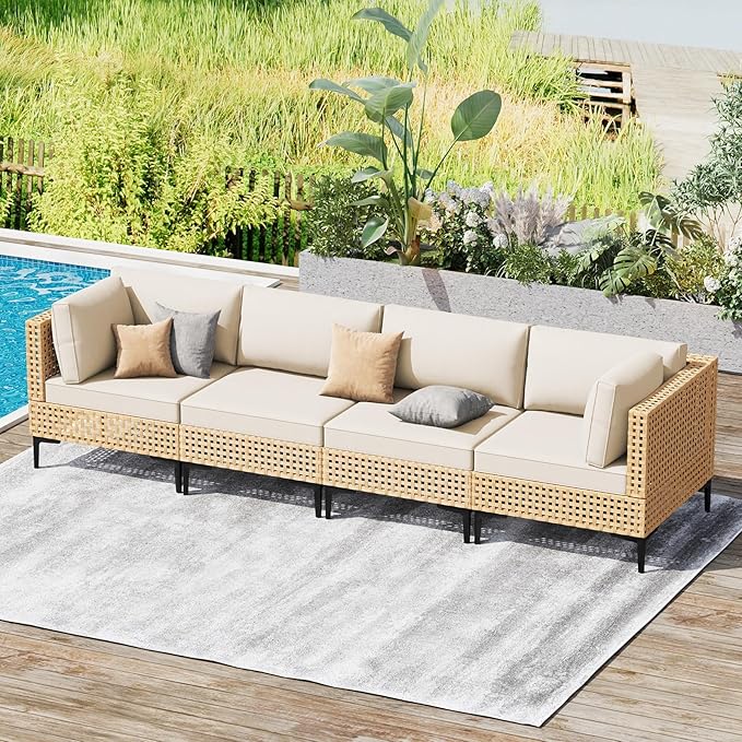 ABCASA Patio Furniture Set, 4-Piece Wicker Outdoor Patio Furniture Sets with Anti-Slip Cushions,Boho Patio Conversation Set Sectional Sofa for Backyard,Porch,Beige