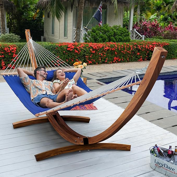 Lazy Daze Hammocks Double Quilted Hammock with 13 FT Curved Steel Heavy Duty Stand and Pillow for Outside, Backyard, Patio, 450 Lbs Capacity, Blue