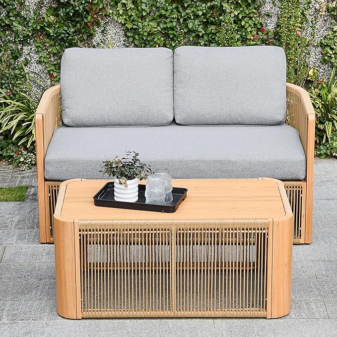 2 Piece Patio Furniture Set, Olefin Rope Patio Conversation Set, Aluminum Patio Sofa Set, 2 Seat Loveseat Couch with Coffee Table, All Weather Outdoor Sectional Furniture for Indoor/Yard, Grey