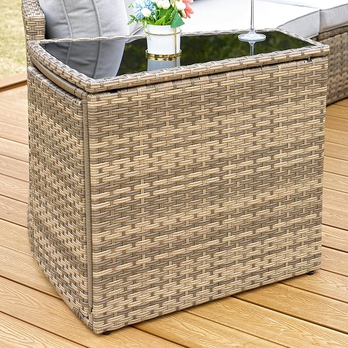 PaPaJet Rattan PE Patio Storage Side Table Sofa Wedge End Table with Tempered Glass Top, Outdoor Wicker Sectional Arm Table, Brown