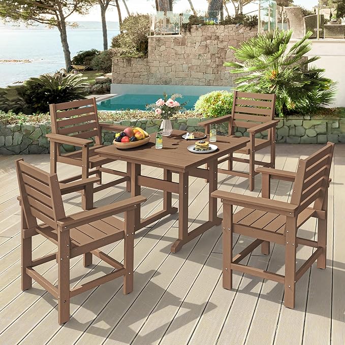 5 Piece Patio Dining Set, 35" Square HDPS Weather Resistant Outdoor Table & 4 Patio Chairs Set with 1.96" Umbrella Hole, Heavy Duty for Small Space Backyard Balcony, Brown