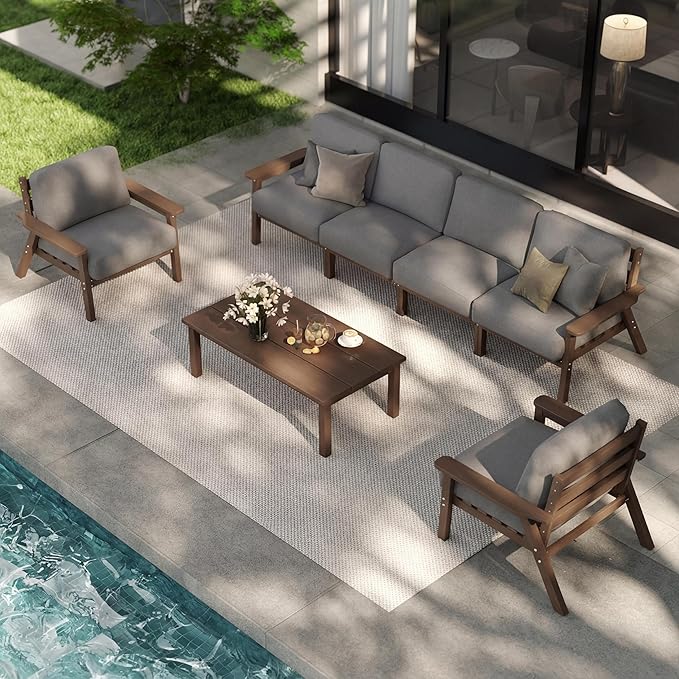 Patio Furniture Set 7 Seats, HDPE Outdoor Sectional with Gray Washable Thick Cushions, Coffee Table, Patio Conversation Sets for Lawn, Garden, Porch, Balcony, Deck (Brown Frame)