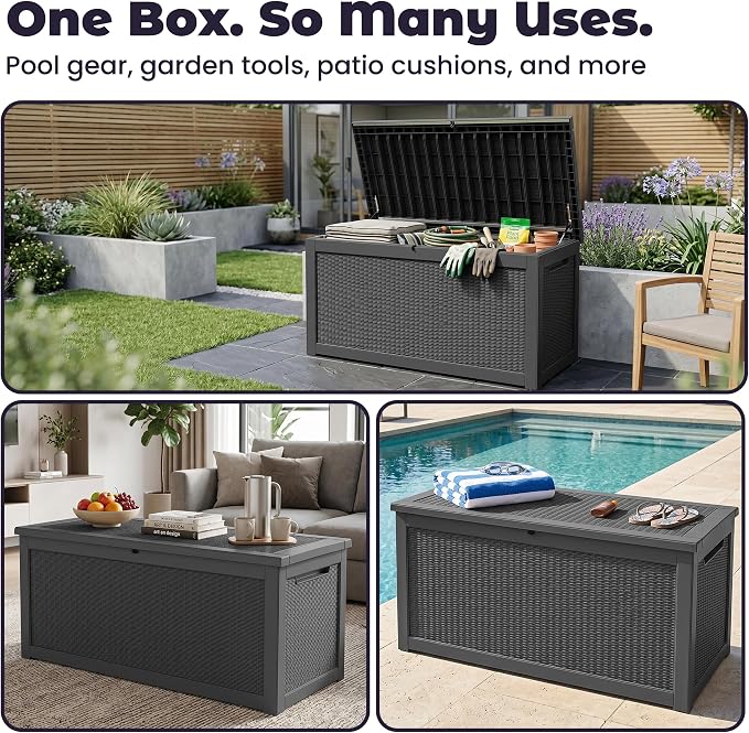 PatioZen 330 Gallon Outdoor Storage Box, Heavy Duty Resin Large Deck Box Organization for Garden Tools & Pool Accessories, Hydraulic Lift, All-Season UV-Resistant, Black