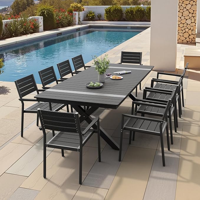 Pellebant 11 Piece Patio Table and Chairs Set for 10, Aluminum Outdoor Dining Set with Umbrella Hole, Stackable Dining Chairs & 94" Dining Table, Black
