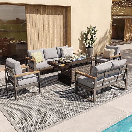 Sundale Outdoor Aluminum Patio Furniture Set, 5 Piece Outdoor Conversation Sets with Fire Pit and 6" Thick Olefin Cushions, All Weather Outdoor Sectional Set for Deck, Lawn, Yard (Grey)