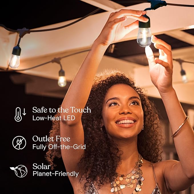 Brightech Ambience Pro 27 Ft Solar Powered String Lights - Commercial Grade Waterproof Patio Lights with Edison Bulbs - Shatterproof LED Solar Outdoor String Lights - 1W LED, Soft White, 12 Bulbs