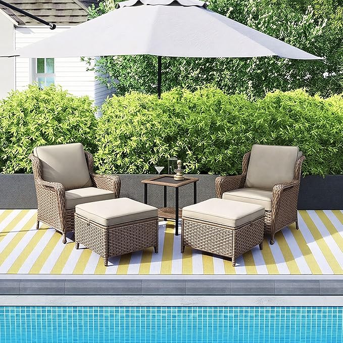 5 Piece Patio Furniture Set with Ottomans, PE Wicker Outdoor Chairs with Cushions & Tempered Glass Table, Space-Saving Balcony Furniture Set for Porch, Garden, Backyard, Beige
