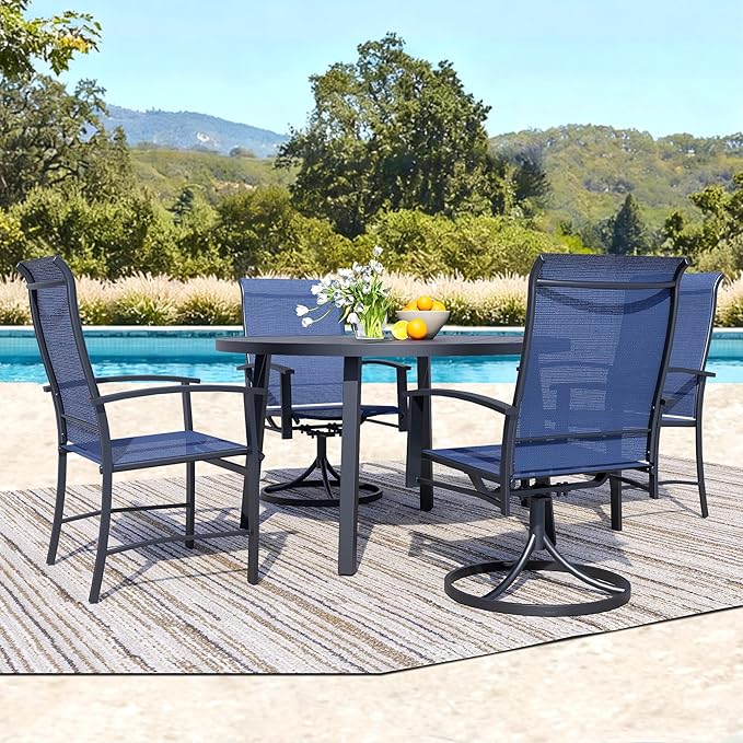 5 Piece Outdoor Patio Dining Set for 4, 42" Black Round Metal Table with 4 Blue Chairs, All-Weather Outdoor Furniture Set for Backyard, Lawn, Deck, or Poolside