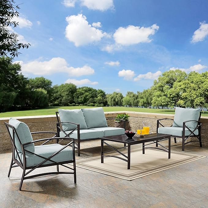 Crosley Furniture Kaplan 4-Piece Outdoor Loveseat Patio Furniture Set, Conversation Sets for Porch, Deck, Oiled Bronze with Mist Cushions